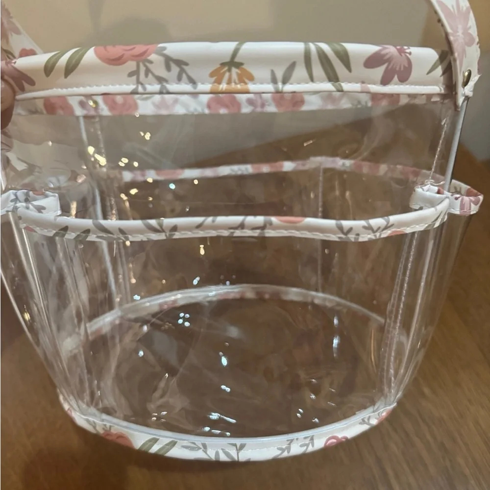 TAYLOR MADISON LARGE ROUND PINK FLORAL PRINT VINYL BATH STORAGE ORGANIZER